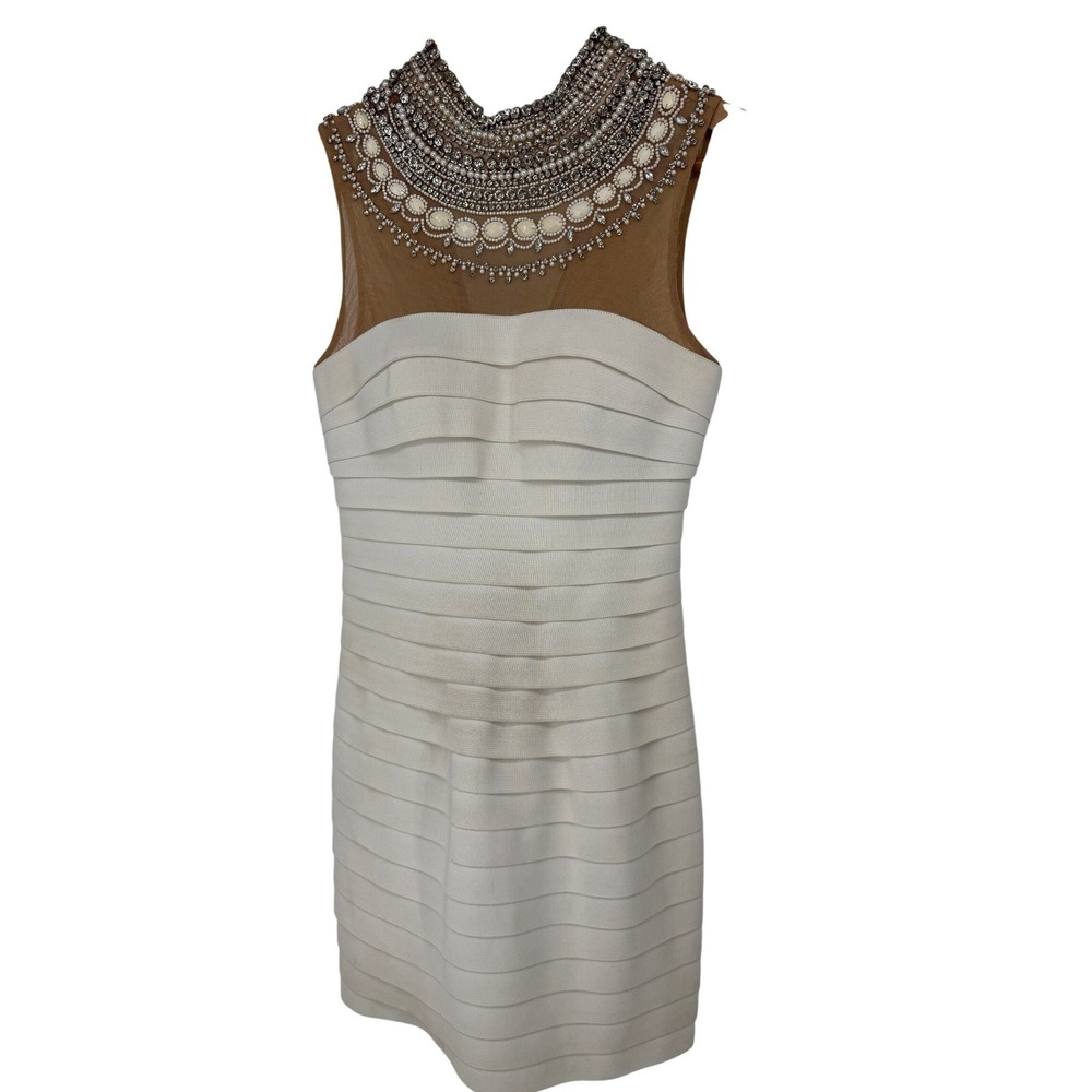 Sherri Hill‎ Beaded Bandage Dress Ivory Nude Cocktail Bodycon Homecoming Y2K